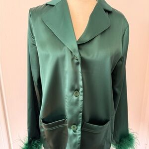 Satin Green Button-Up Blouse with Feather Cuffs
